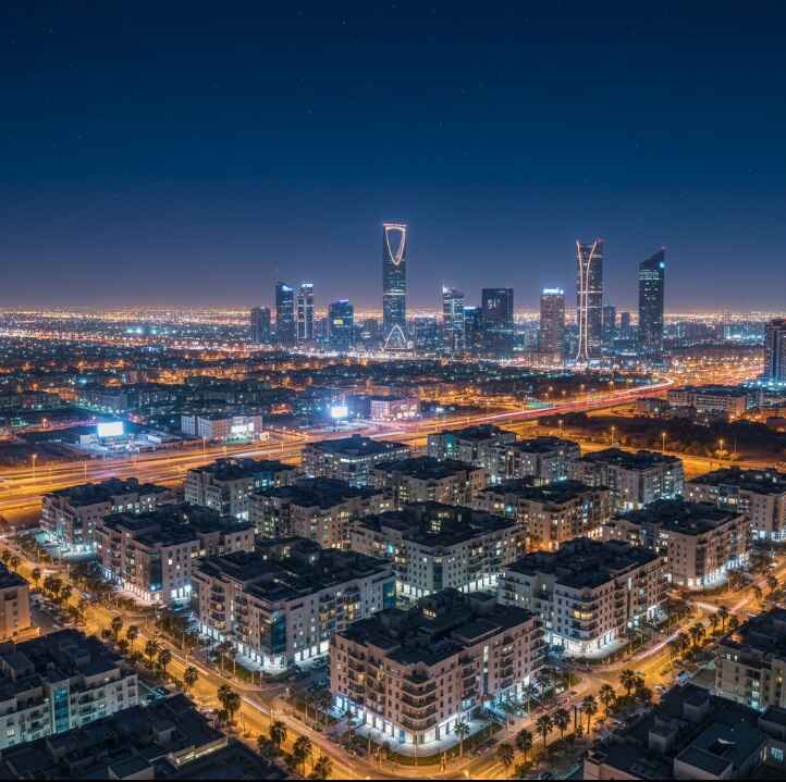 Nighttime panorama highlighting Al Malqa’s integration with Riyadh’s skyline