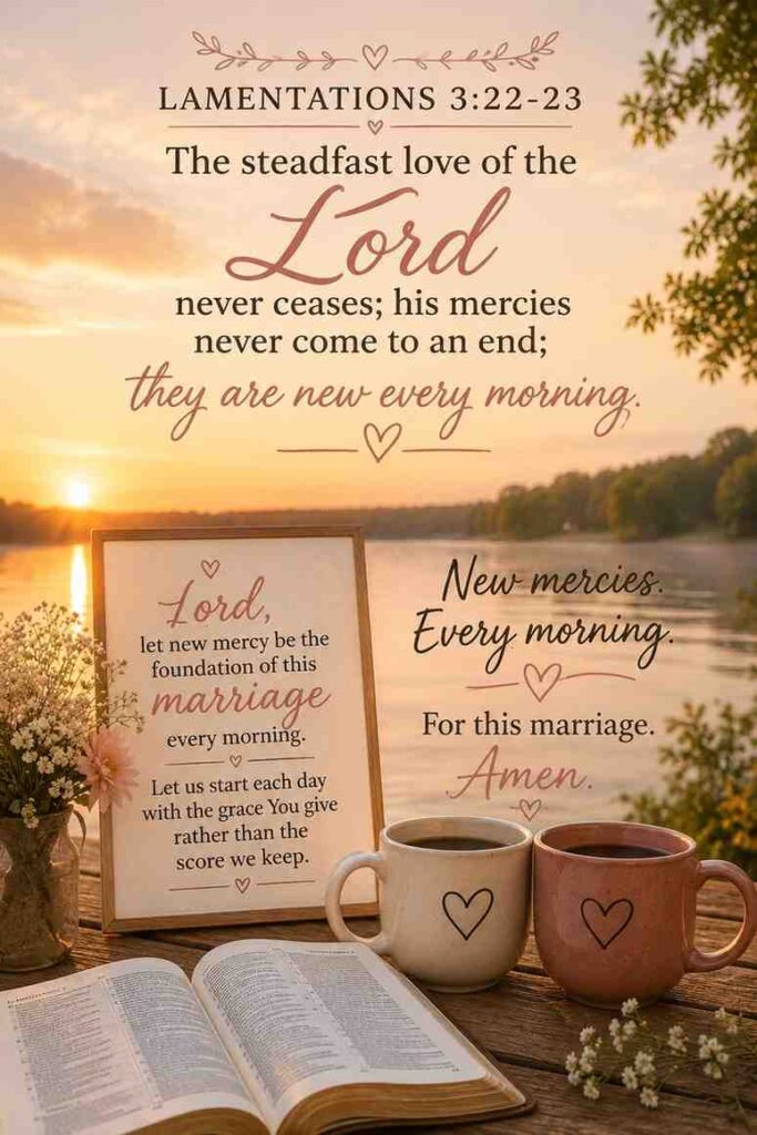 Lamentations 3:22-23 "The steadfast love of the Lord never ceases; his mercies never come to an end; they are new every morning." Lord, let new mercy be the foundation of this marriage every morning. Let us start each day with the grace You give rather than the score we keep. New mercies. Every morning. For this marriage. Amen.